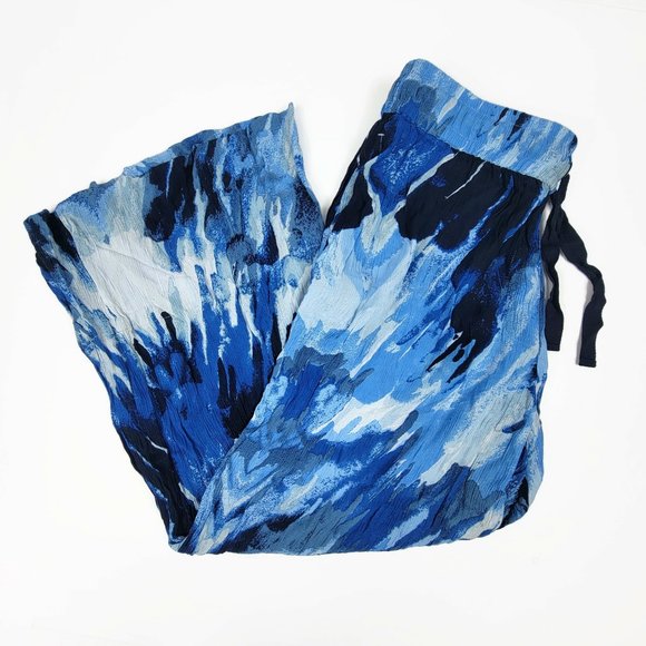 Roamans Pants Size 14 Casual Crinkle Knit Gauze Wide Leg Blue Lounge Drawstring - Picture 1 of 8